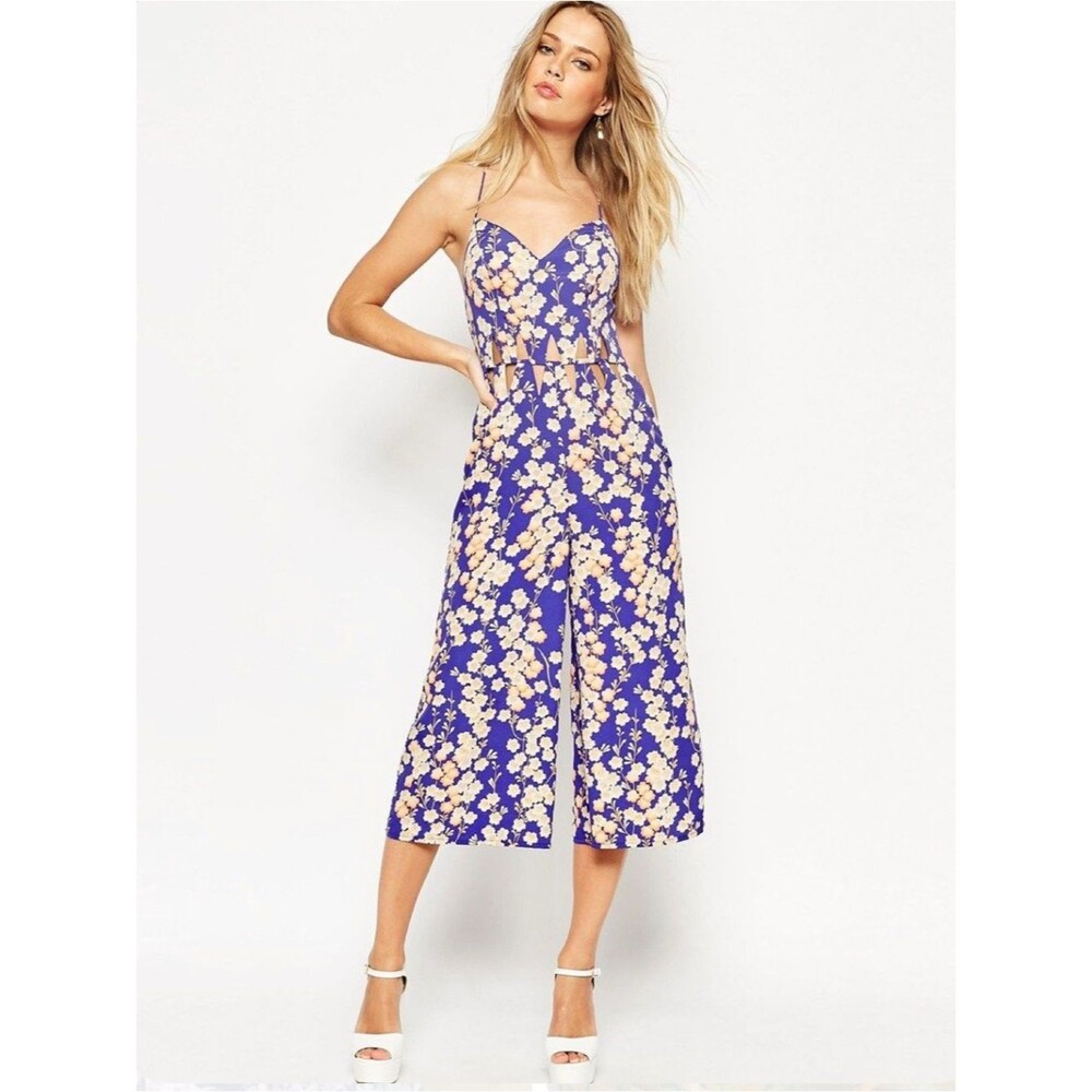 ASOS blue floral geometric print cut out cropped wide leg jumpsuit size 14